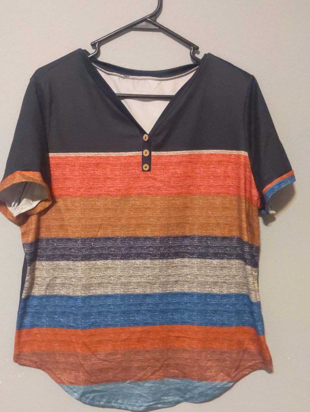 Striped Short-Sleeve V-Neck Top with Button Detail - Multicolor